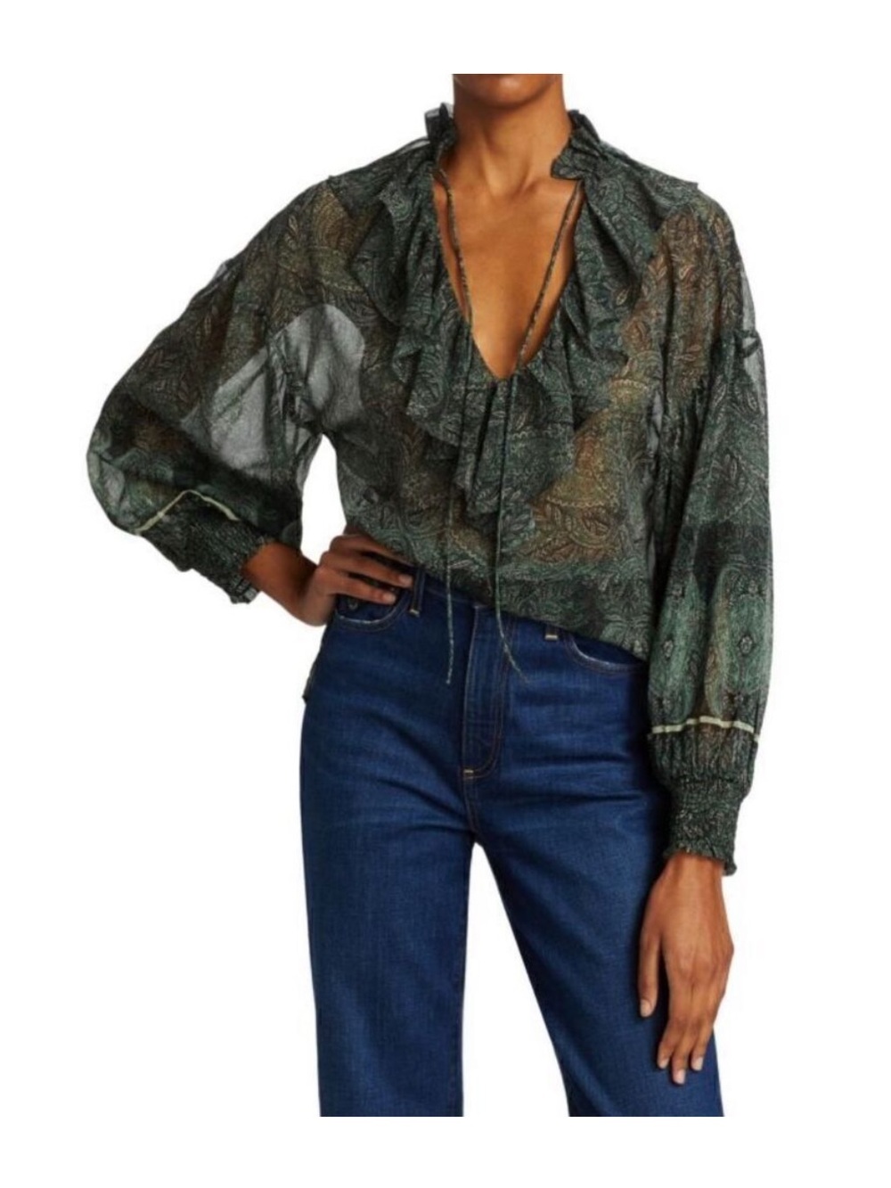 Alice + Olivia Olive Paisley Ruffle-Neck Blouse Large